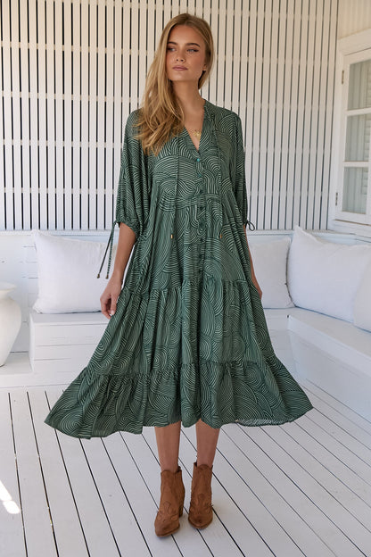 JAASE - Ria Midi Dress: Button Down Tiered Dress with 3/4 Sleeves in Ishana Print