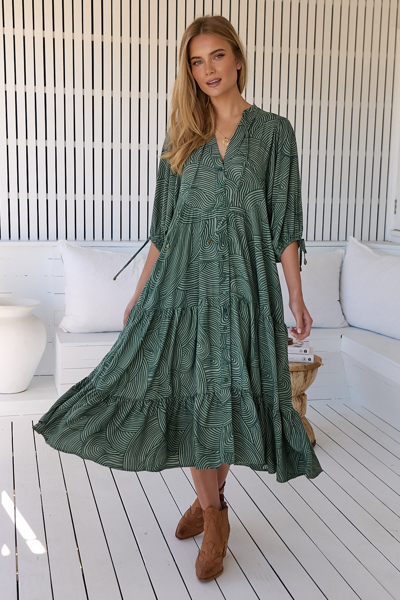 JAASE - Ria Midi Dress: Button Down Tiered Dress with 3/4 Sleeves in Ishana Print