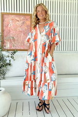 JAASE - Ria Midi Dress: Button Down Tiered Dress with 3/4 Sleeves in Long Island Print