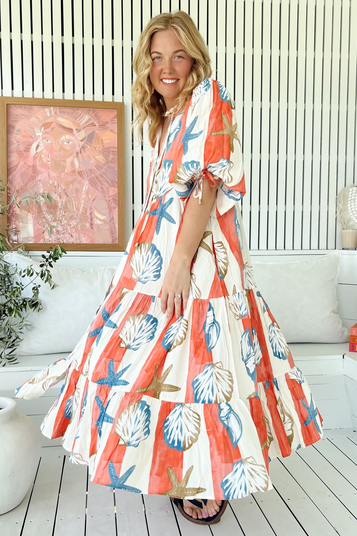 JAASE - Ria Midi Dress: Button Down Tiered Dress with 3/4 Sleeves in Long Island Print