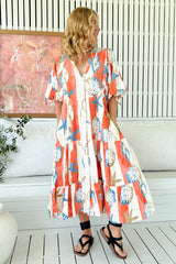 JAASE - Ria Midi Dress: Button Down Tiered Dress with 3/4 Sleeves in Long Island Print