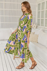 JAASE - Ria Midi Dress: Button Down Tiered Dress with 3/4 Sleeves in Mystic Matcha Print