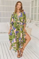 JAASE - Ria Midi Dress: Button Down Tiered Dress with 3/4 Sleeves in Mystic Matcha Print