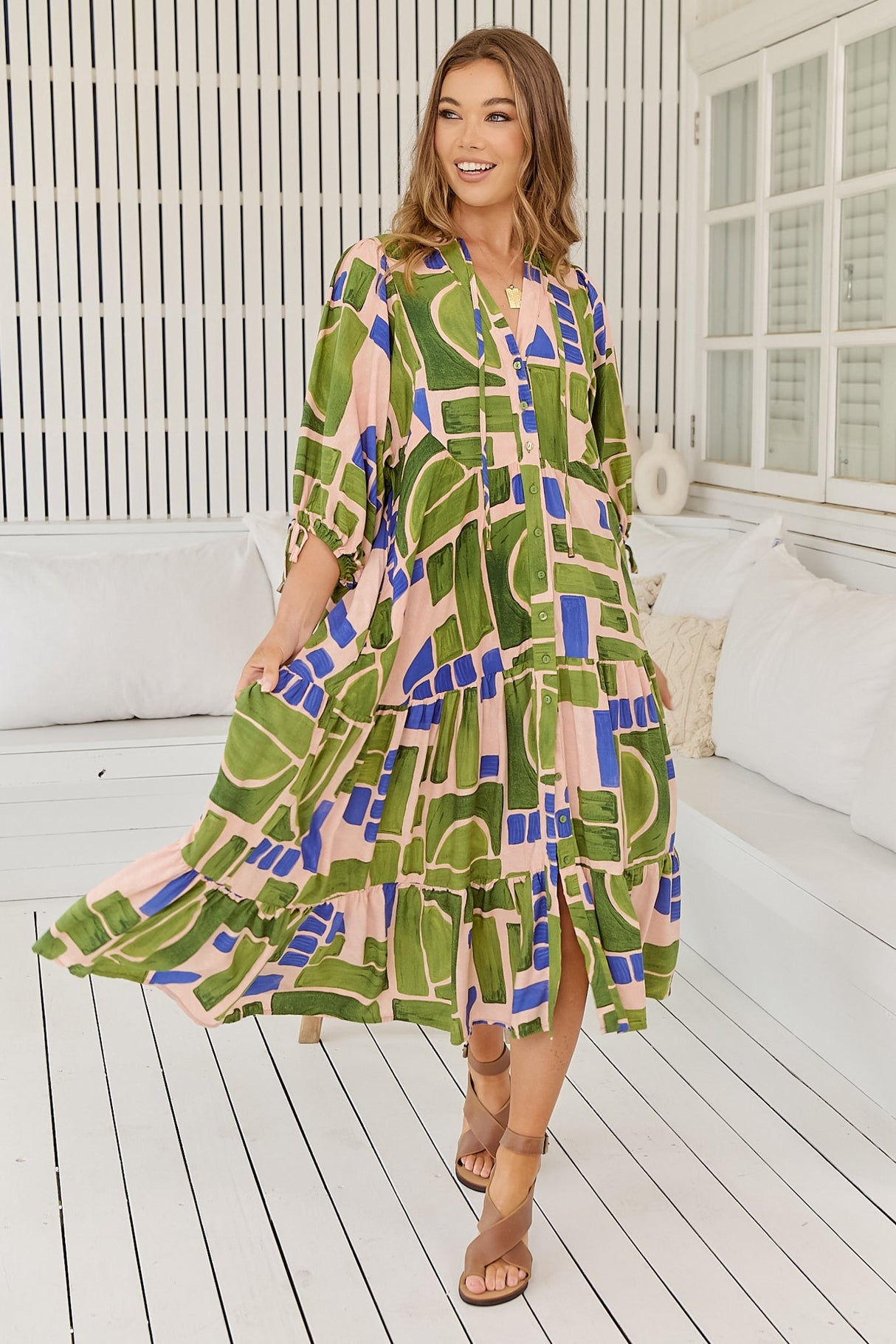 JAASE - Ria Midi Dress: Button Down Tiered Dress with 3/4 Sleeves in Mystic Matcha Print