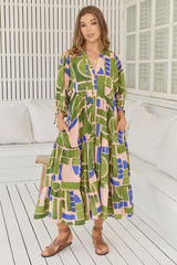 JAASE - Ria Midi Dress: Button Down Tiered Dress with 3/4 Sleeves in Mystic Matcha Print