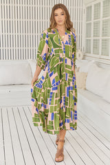 JAASE - Ria Midi Dress: Button Down Tiered Dress with 3/4 Sleeves in Mystic Matcha Print