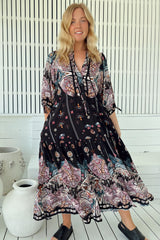 JAASE - Ria Midi Dress: Button Down Tiered Dress with 3/4 Sleeves in Super Nova Print