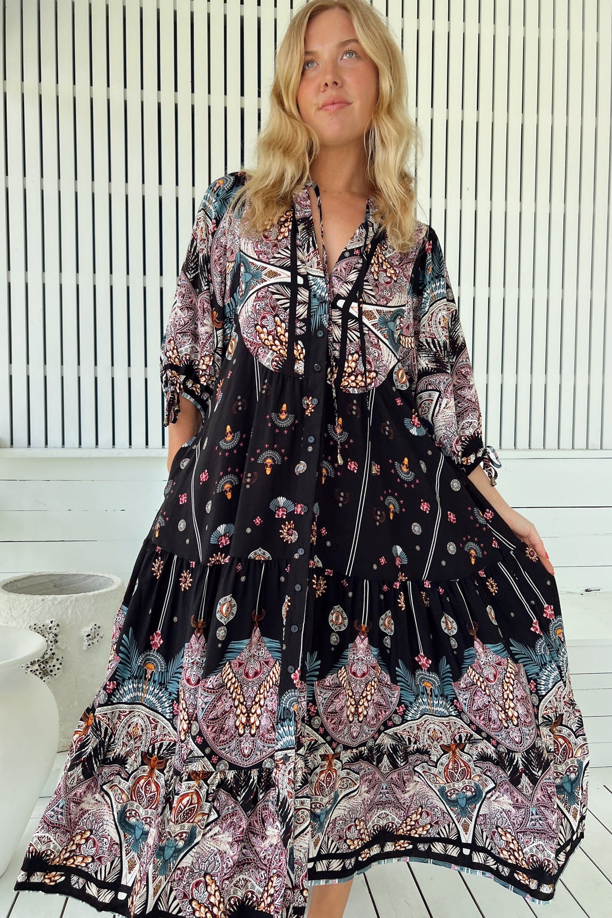 Ria Midi Dress - Button Down Tiered Dress with 3/4 Sleeves in Super Nova Print