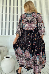 JAASE - Ria Midi Dress: Button Down Tiered Dress with 3/4 Sleeves in Super Nova Print