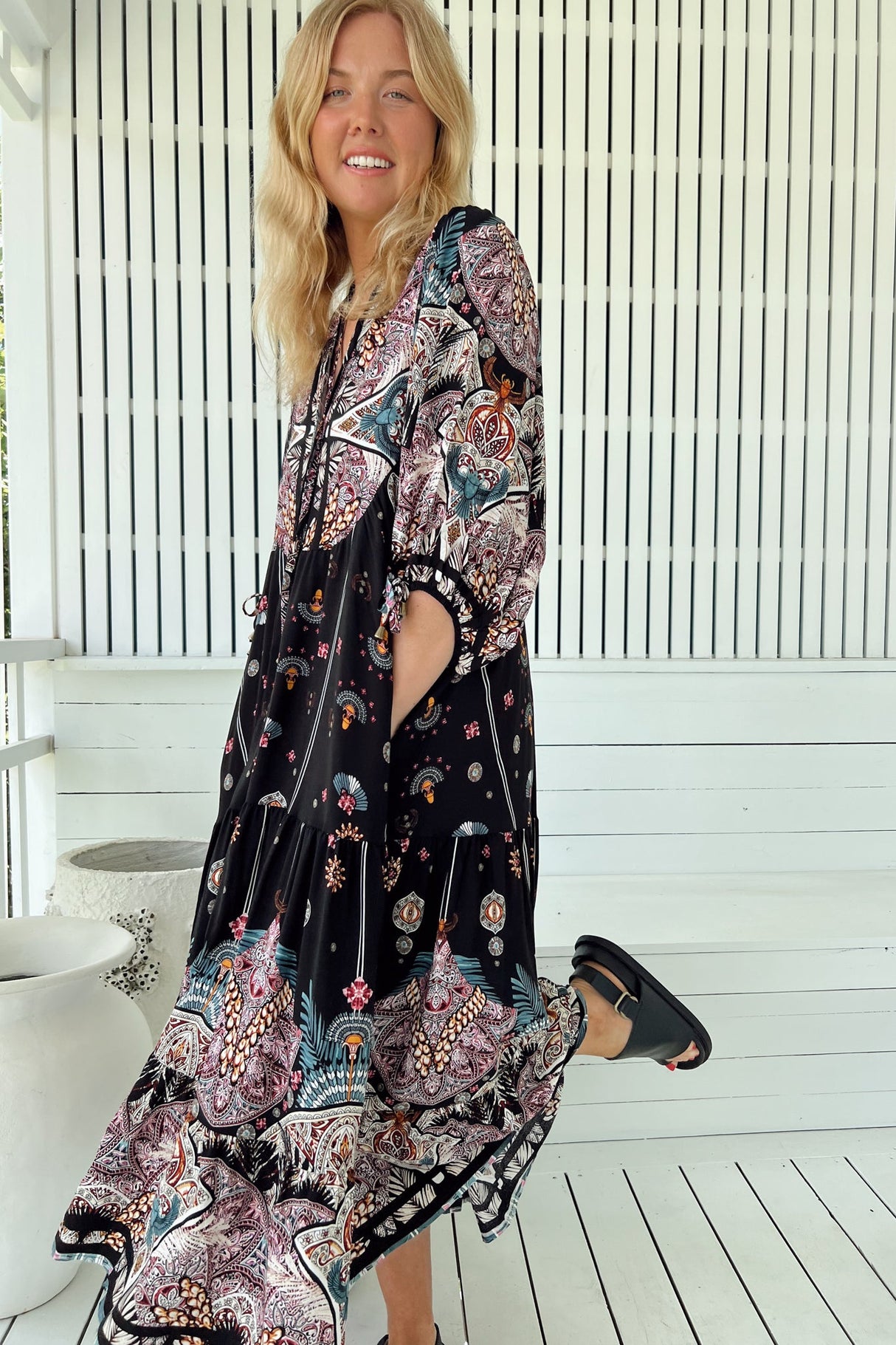 JAASE - Ria Midi Dress: Button Down Tiered Dress with 3/4 Sleeves in Super Nova Print