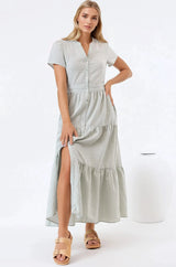 Riba Midi Dress - Button Down Tiered Dress with Cut Out Back in Gingham Print Green