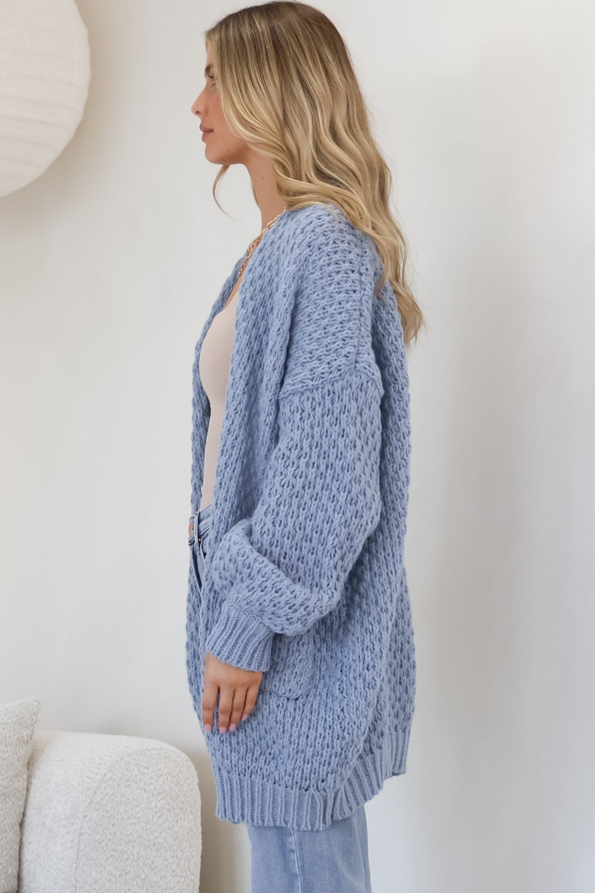 Ricki Cardigan - Open Front Chunky Knit Cardigan in Blue