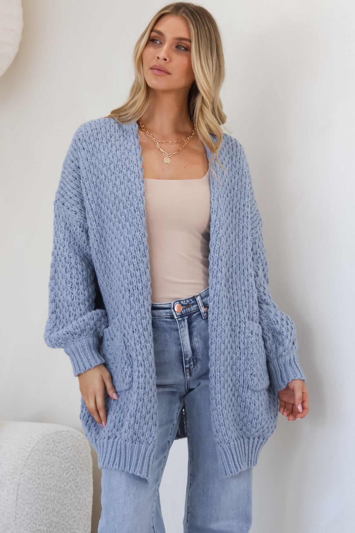 Ricki Cardigan - Open Front Chunky Knit Cardigan in Blue