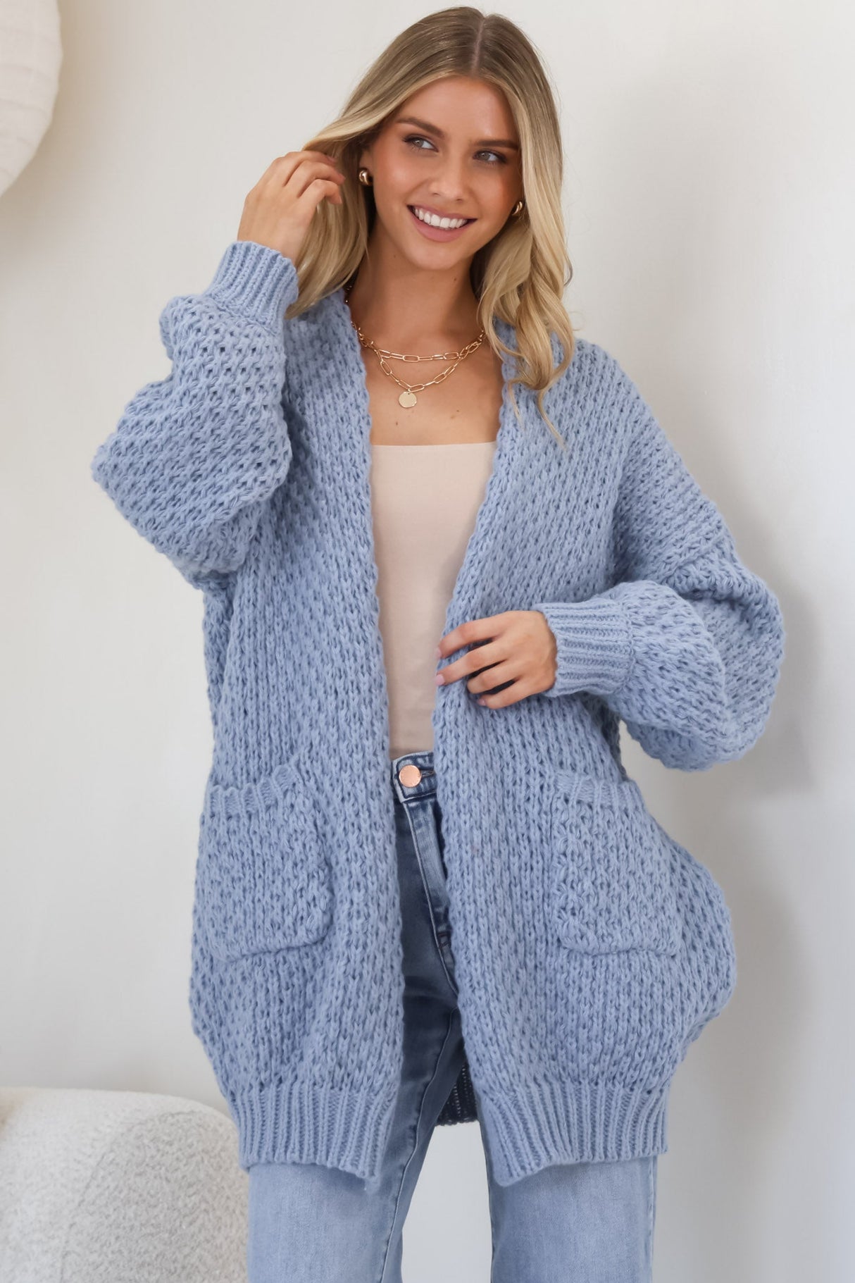 Ricki Cardigan - Open Front Chunky Knit Cardigan in Blue
