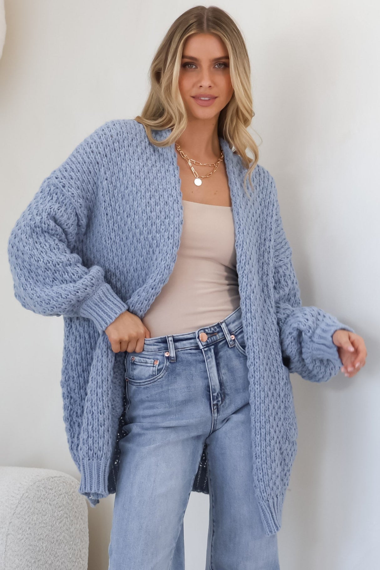 Ricki Cardigan - Open Front Chunky Knit Cardigan in Blue