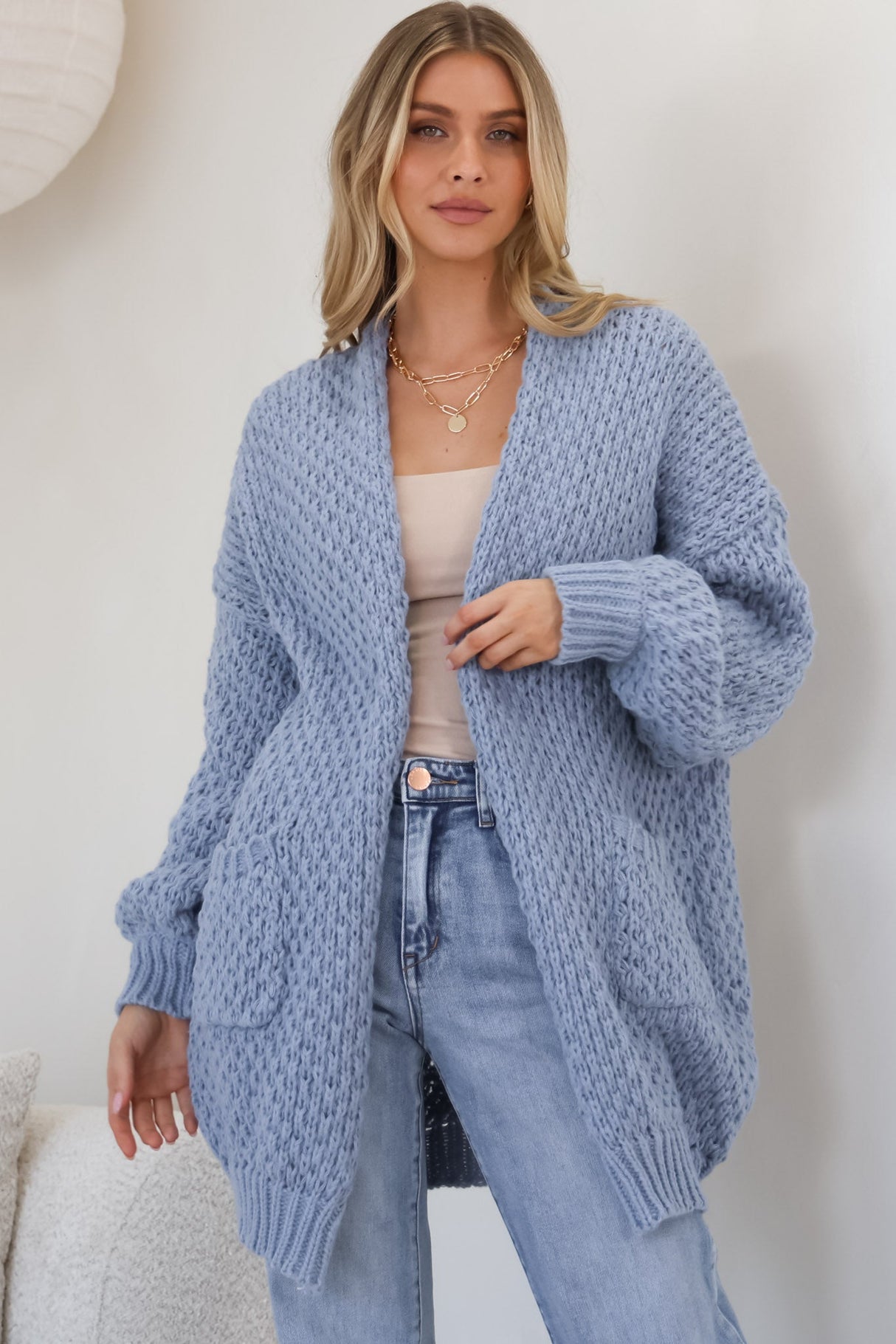 Ricki Cardigan - Open Front Chunky Knit Cardigan in Blue