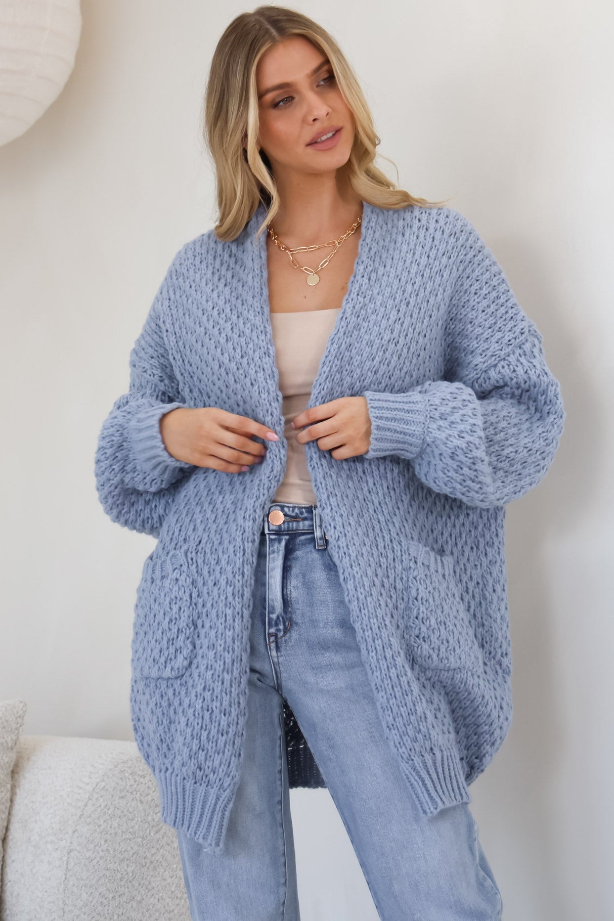 Ricki Cardigan - Open Front Chunky Knit Cardigan in Blue