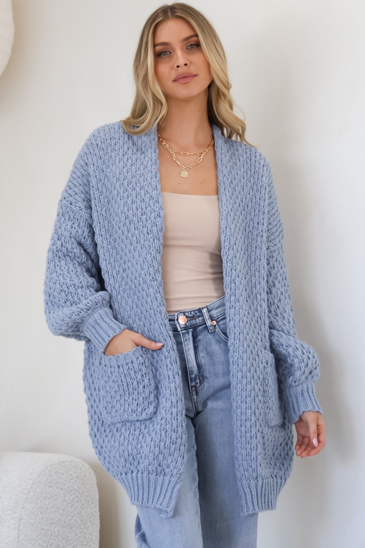 Ricki Cardigan - Open Front Chunky Knit Cardigan in Blue
