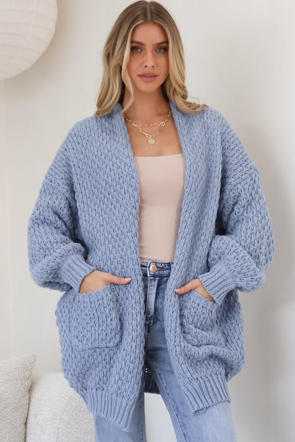 Ricki Cardigan - Open Front Chunky Knit Cardigan in Blue