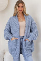 Ricki Cardigan - Open Front Chunky Knit Cardigan in Blue
