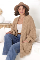 Ricki Cardigan - Open Front Chunky Knit Cardigan in Camel