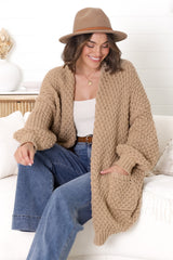 Ricki Cardigan - Open Front Chunky Knit Cardigan in Camel