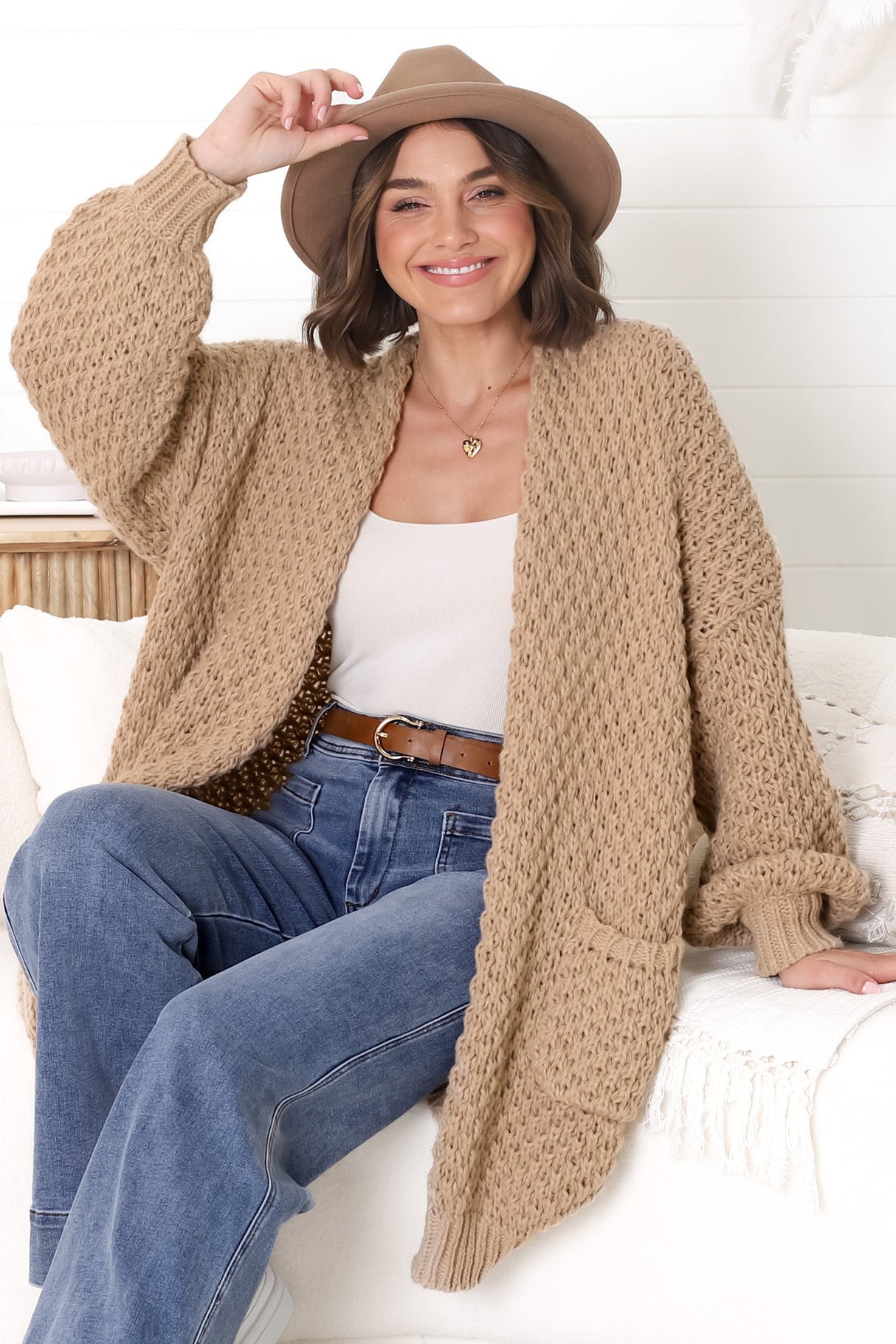 Ricki Cardigan - Open Front Chunky Knit Cardigan in Camel