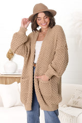 Ricki Cardigan - Open Front Chunky Knit Cardigan in Camel