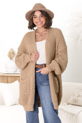 Ricki Cardigan - Open Front Chunky Knit Cardigan in Camel