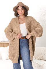 Ricki Cardigan - Open Front Chunky Knit Cardigan in Camel