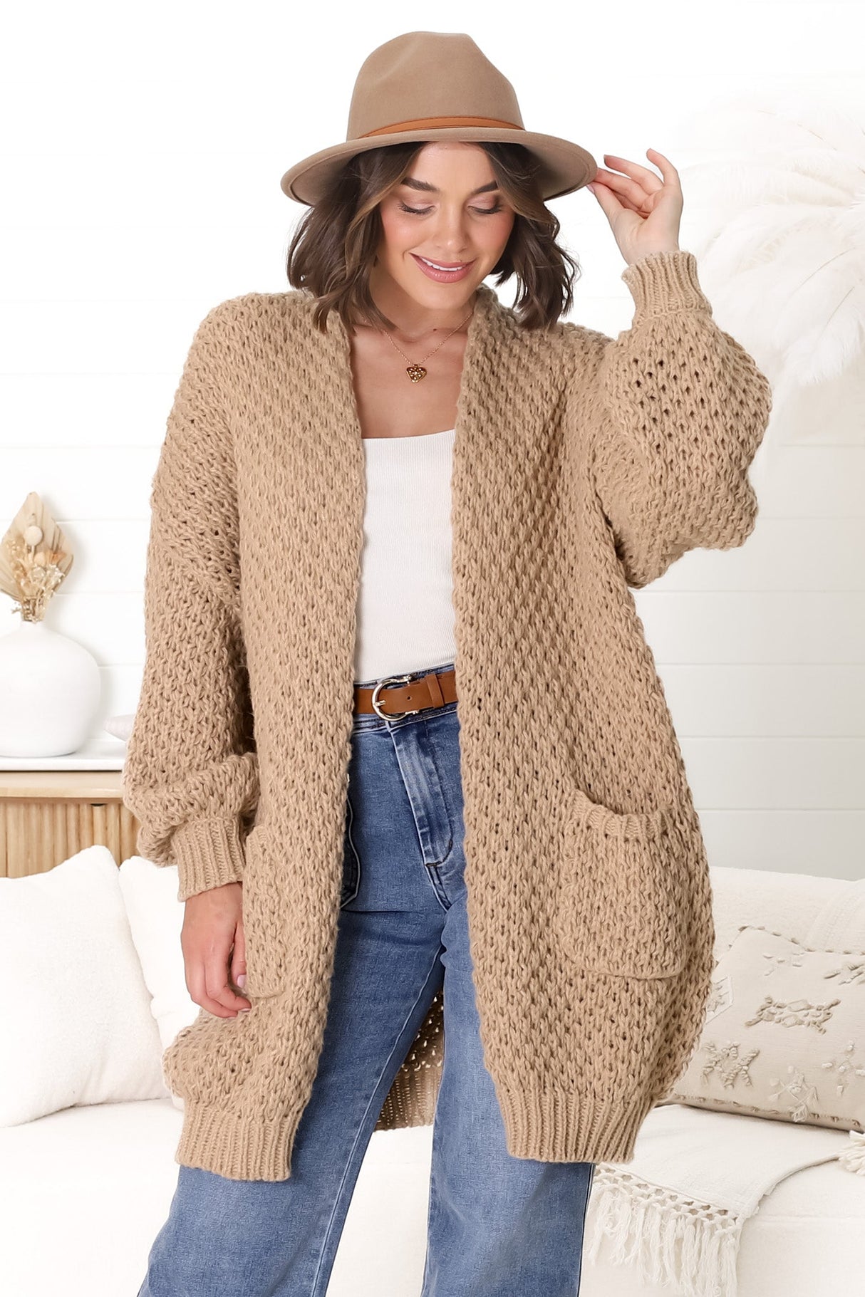 Ricki Cardigan - Open Front Chunky Knit Cardigan in Camel