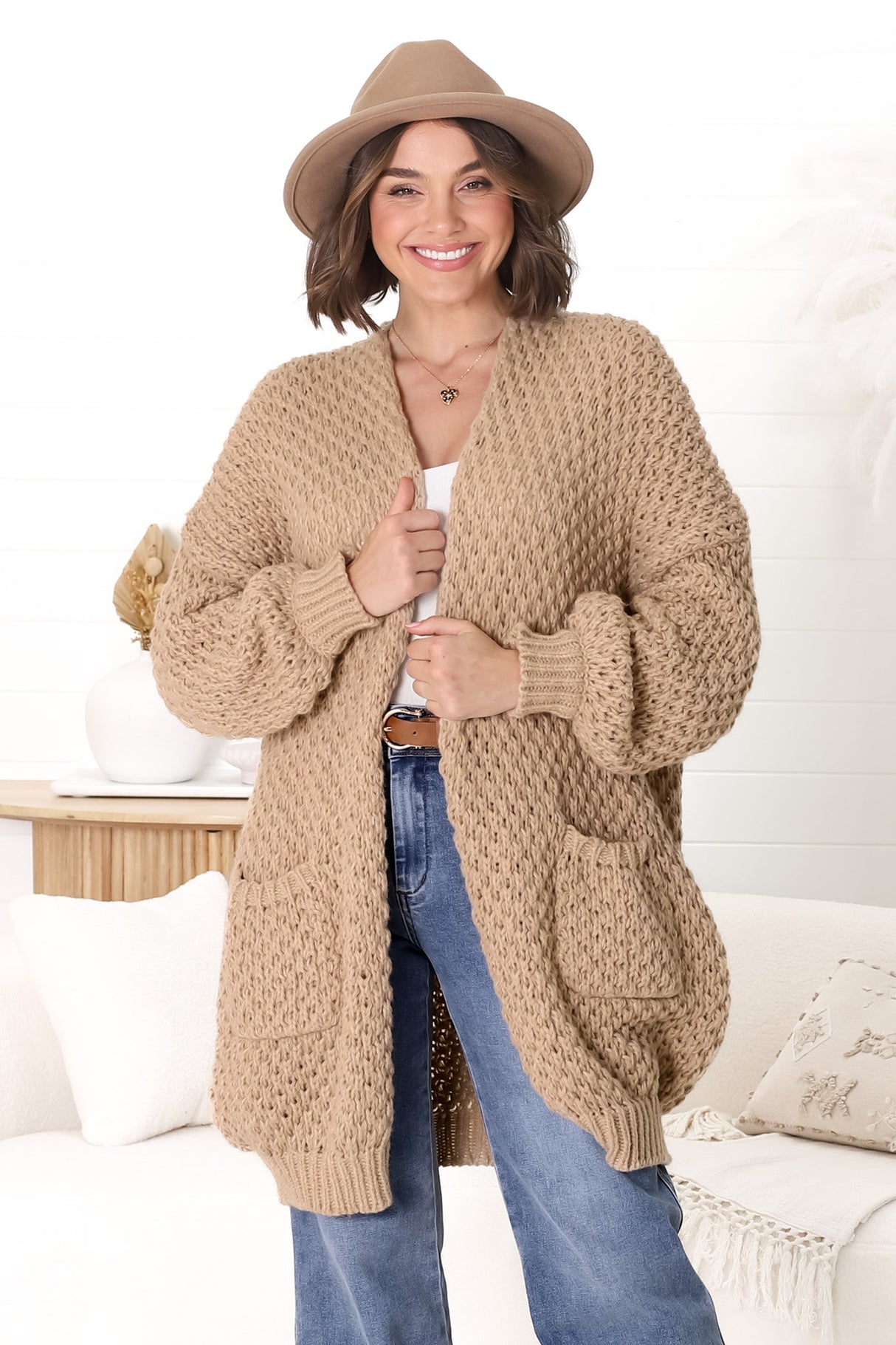 Ricki Cardigan - Open Front Chunky Knit Cardigan in Camel