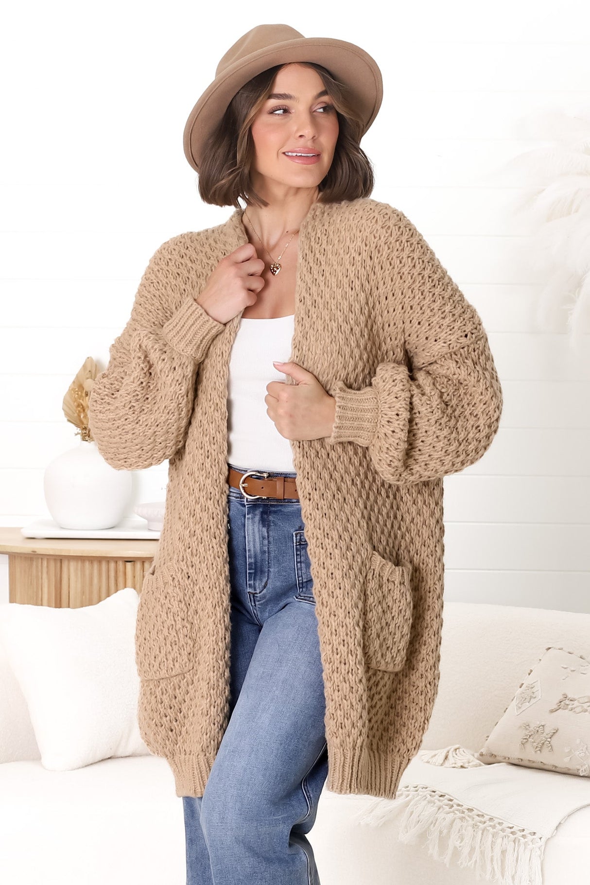 Ricki Cardigan - Open Front Chunky Knit Cardigan in Camel