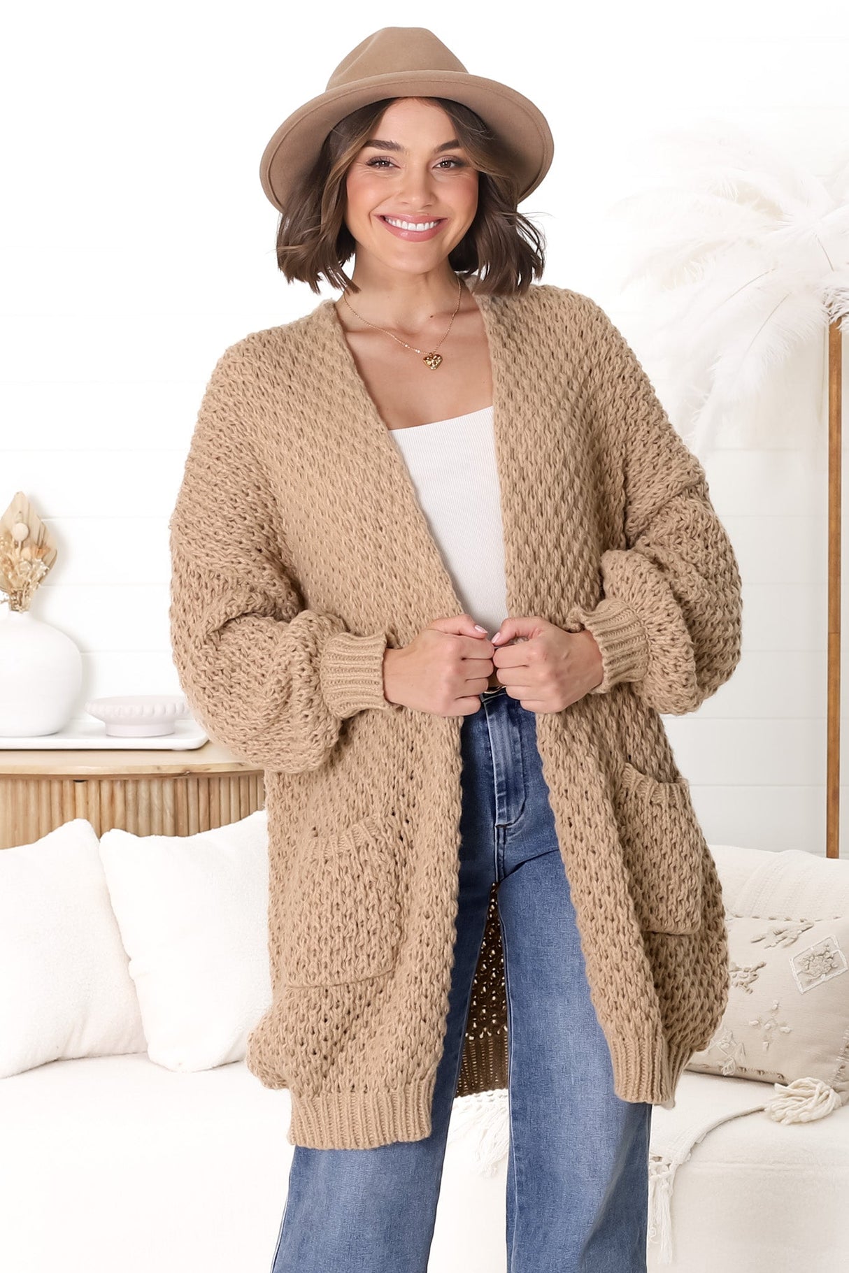 Ricki Cardigan - Open Front Chunky Knit Cardigan in Camel