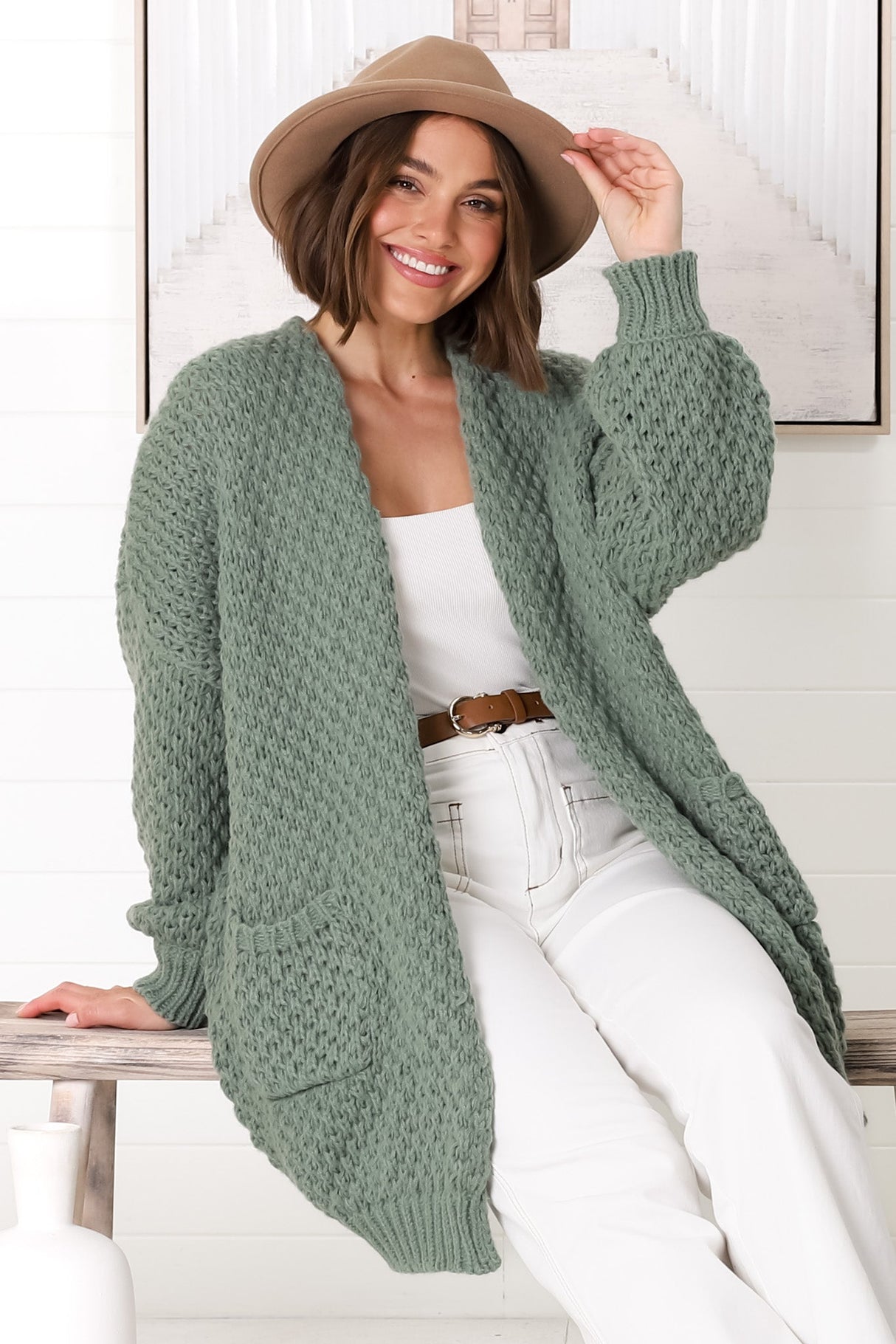 Ricki Cardigan - Open Front Chunky Knit Cardigan in Sage