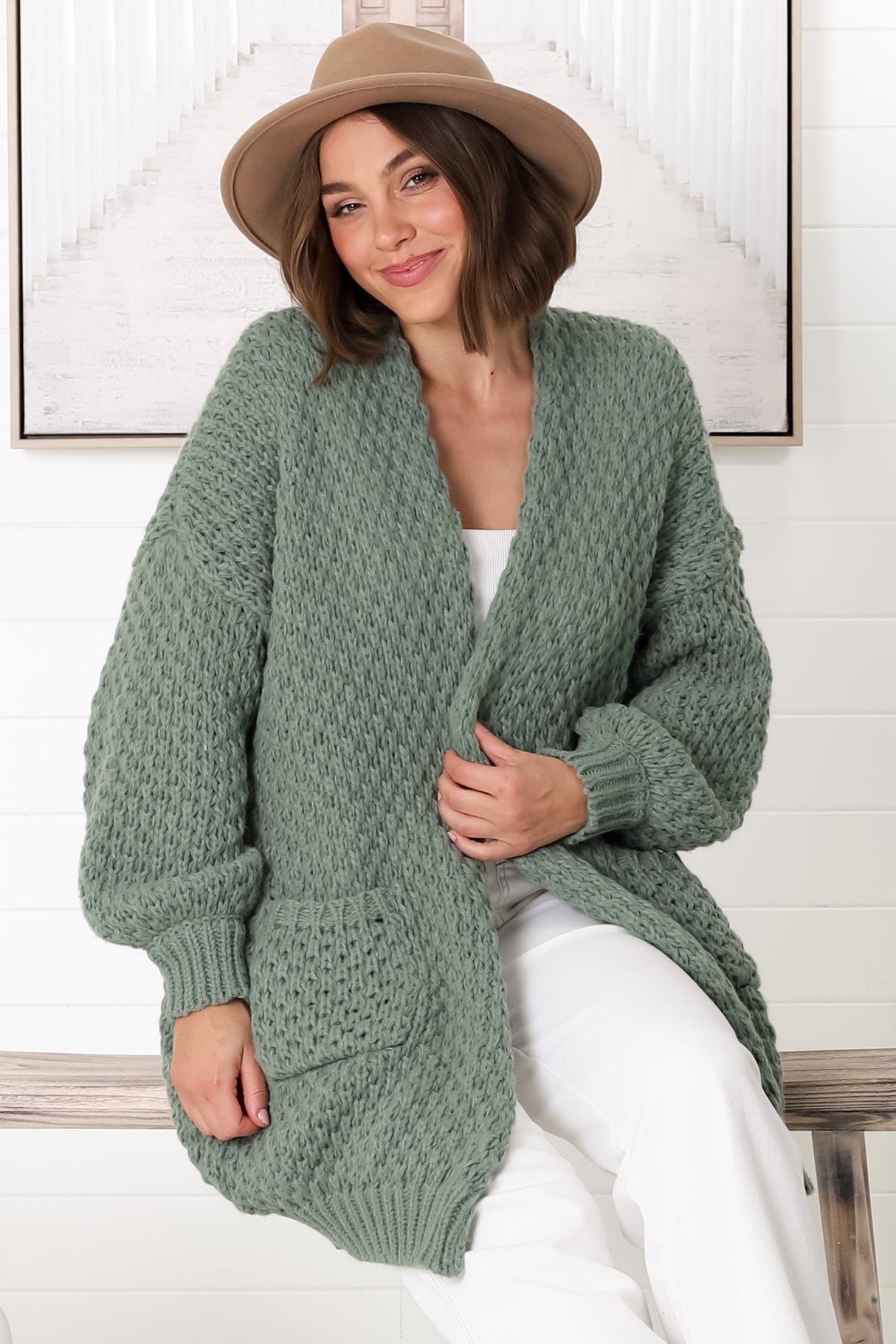 Ricki Cardigan - Open Front Chunky Knit Cardigan in Sage