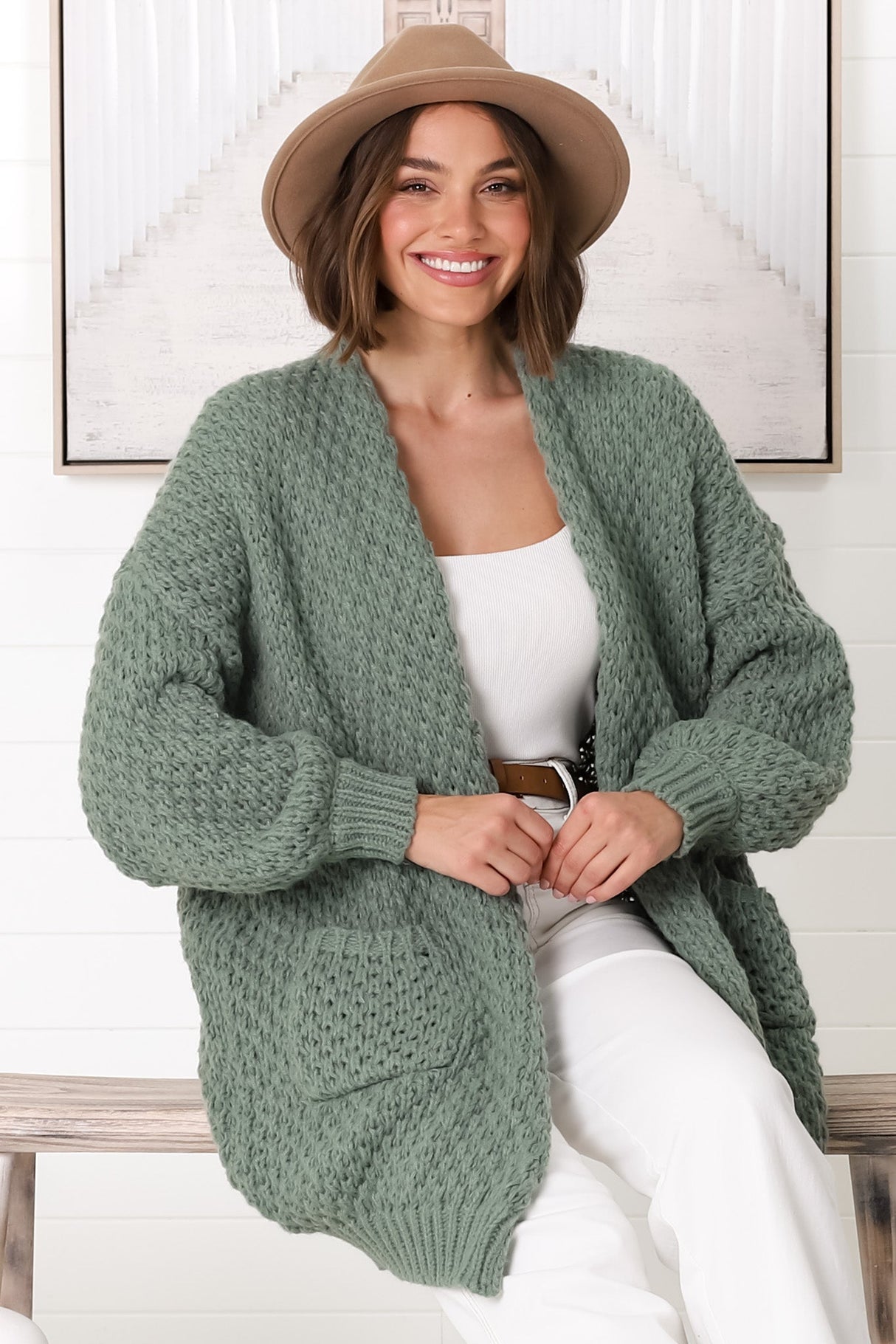 Ricki Cardigan - Open Front Chunky Knit Cardigan in Sage