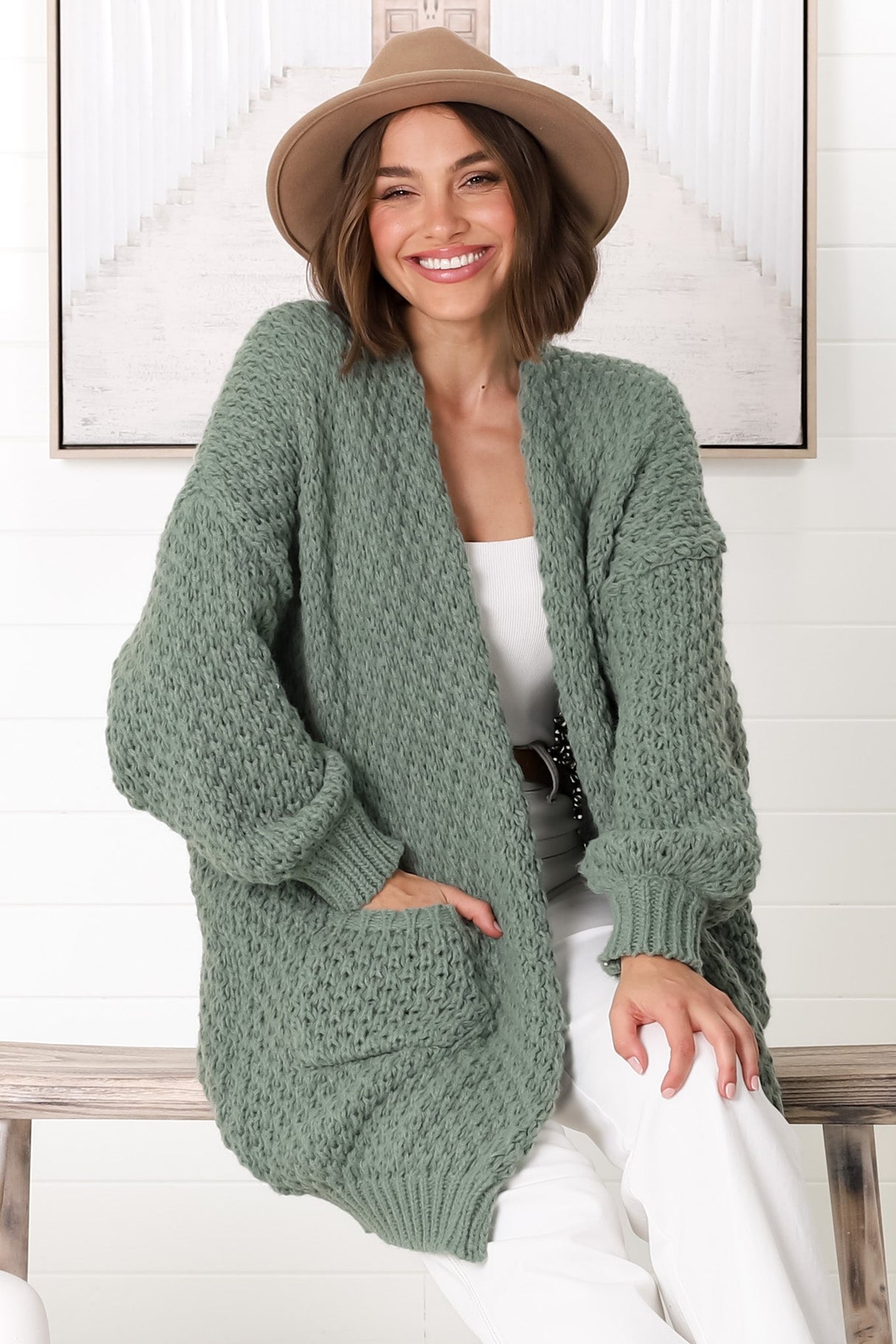 Ricki Cardigan - Open Front Chunky Knit Cardigan in Sage