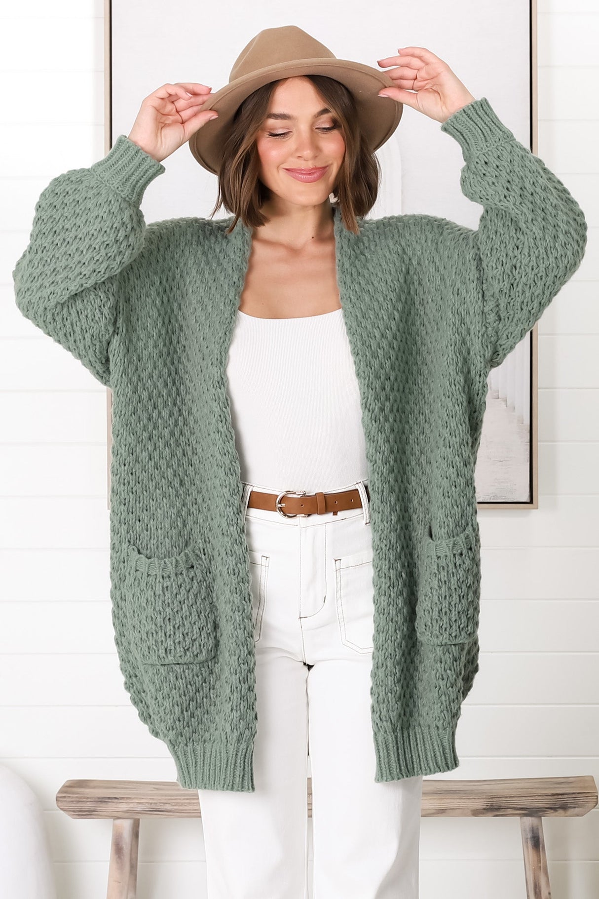 Ricki Cardigan - Open Front Chunky Knit Cardigan in Sage