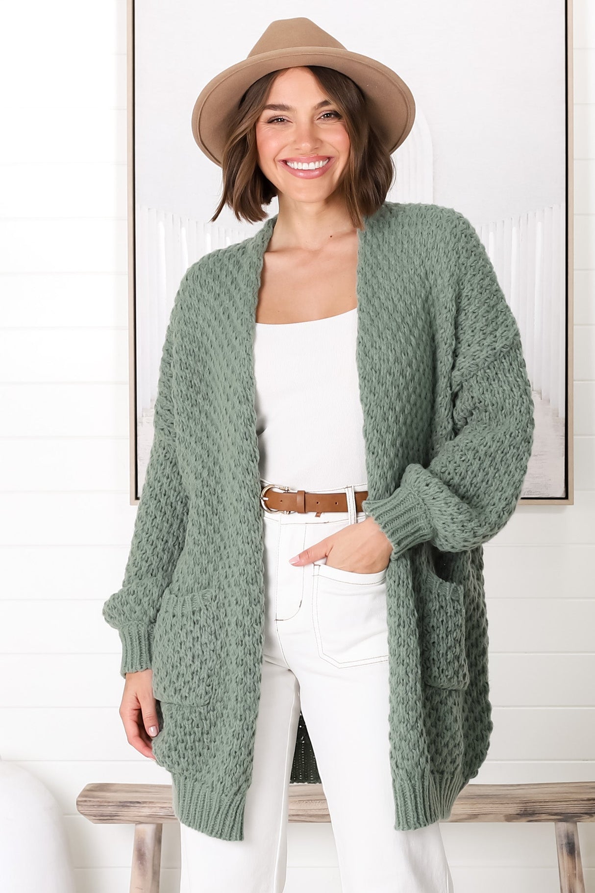 Ricki Cardigan - Open Front Chunky Knit Cardigan in Sage