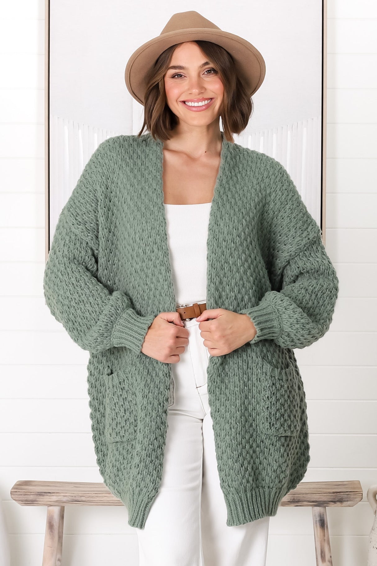 Ricki Cardigan - Open Front Chunky Knit Cardigan in Sage