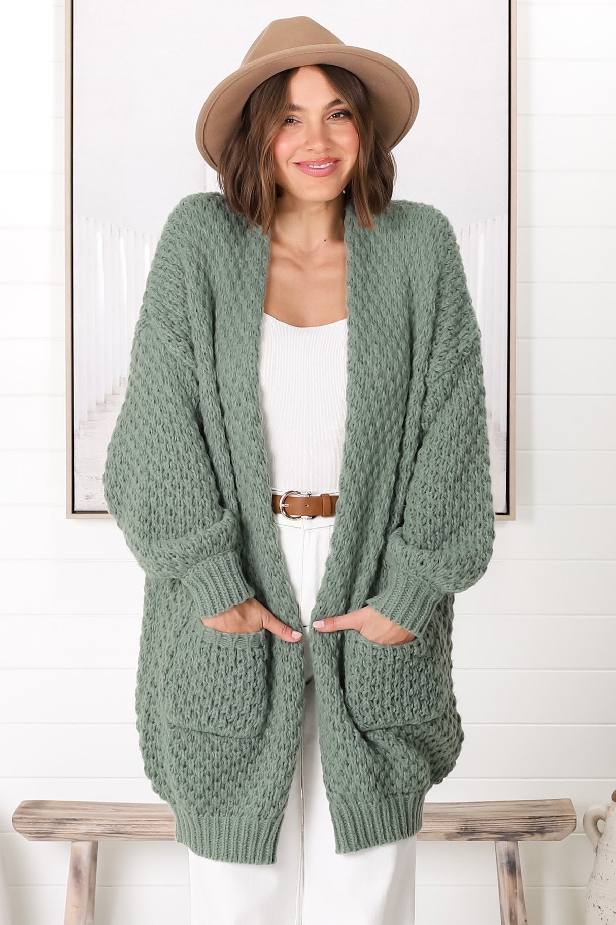 Ricki Cardigan - Open Front Chunky Knit Cardigan in Sage