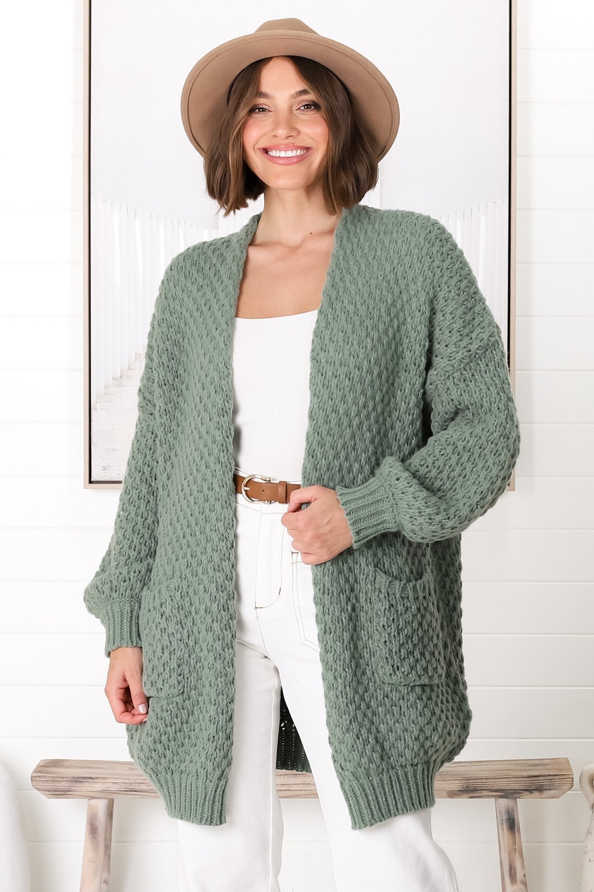 Ricki Cardigan - Open Front Chunky Knit Cardigan in Sage