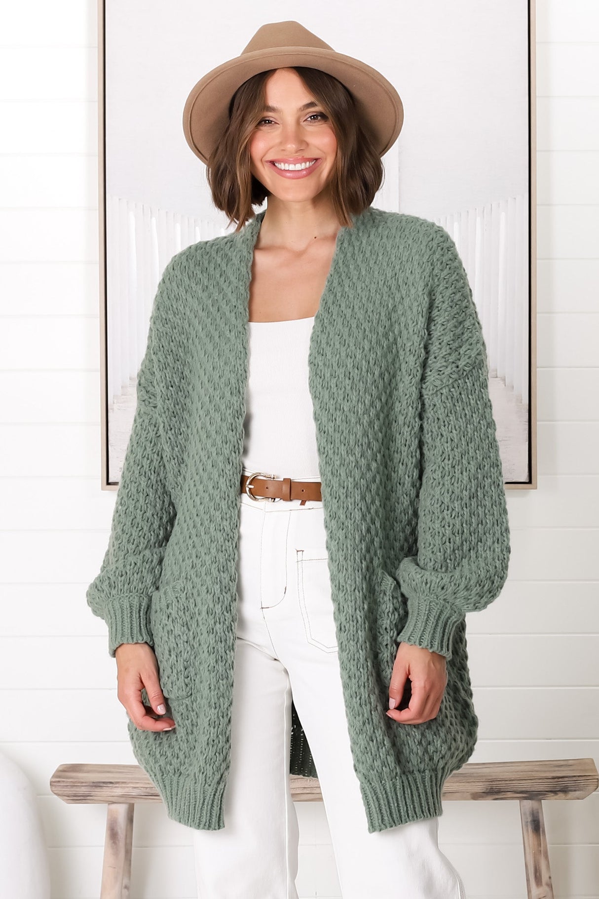 Ricki Cardigan - Open Front Chunky Knit Cardigan in Sage