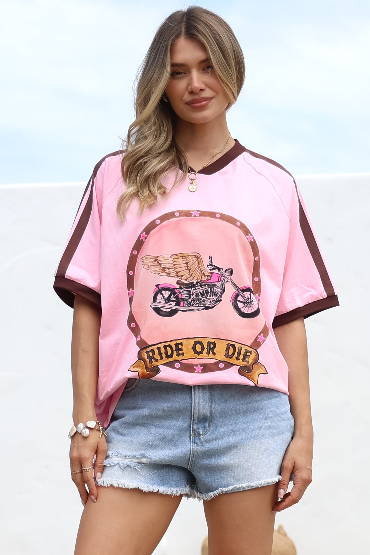 Ride Or Die Tee - Graphic Print Short Sleeve T-Shirt with Racer Stripe Sleeves in Pink
