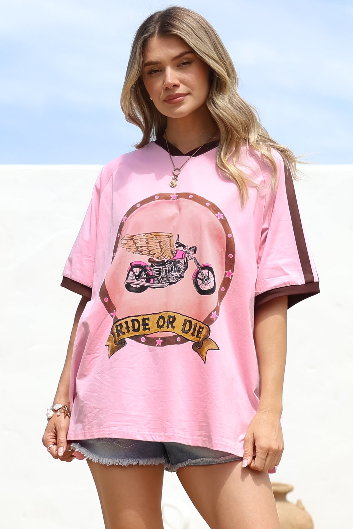 Ride Or Die Tee - Graphic Print Short Sleeve T-Shirt with Racer Stripe Sleeves in Pink