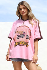 Ride Or Die Tee - Graphic Print Short Sleeve T-Shirt with Racer Stripe Sleeves in Pink
