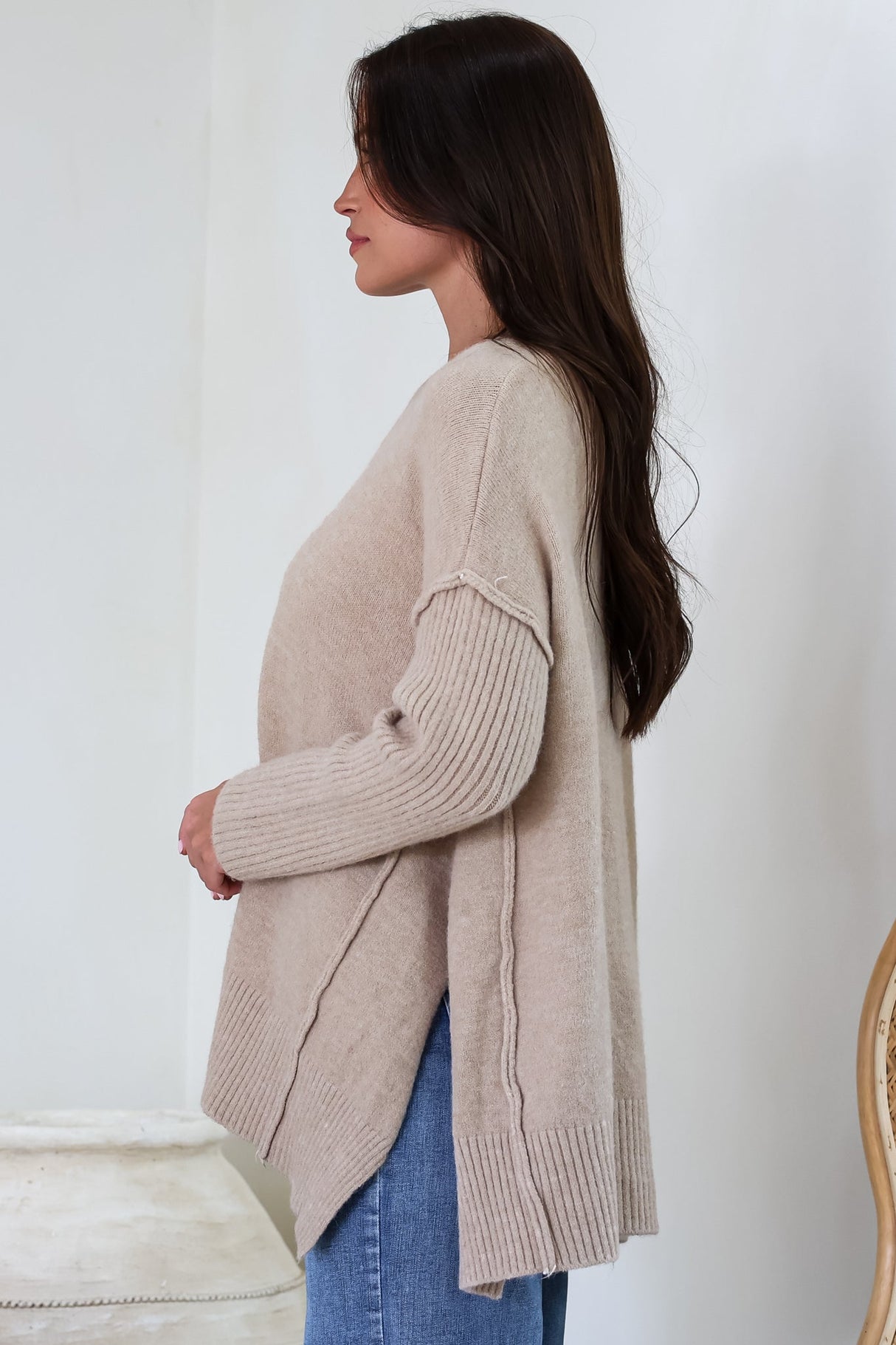 Ridge Jumper - V Neck Relaxed Shark Bite Ribbed Hemline Knit in Beige