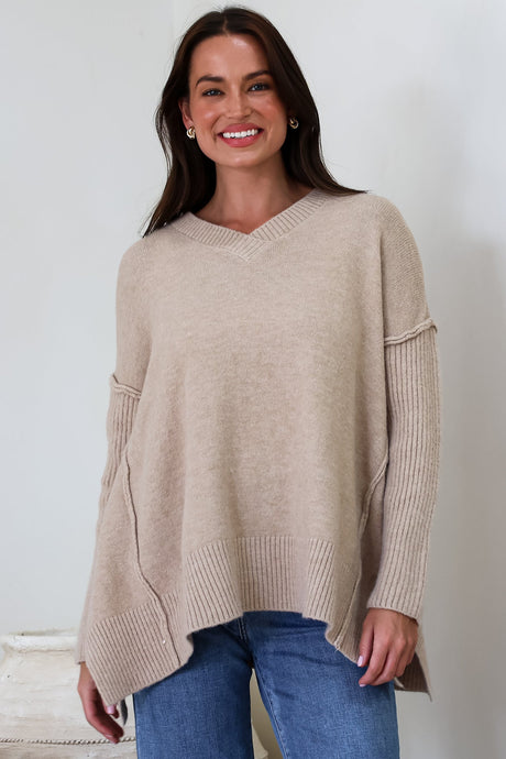 Model wearing Ridge Jumper in Beige from Salty Crush