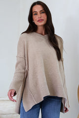 Ridge Jumper - V Neck Relaxed Shark Bite Ribbed Hemline Knit in Beige